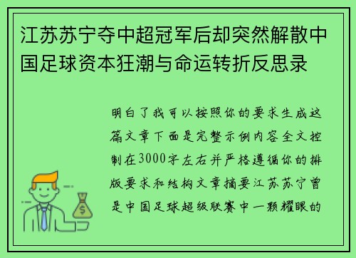 江苏苏宁夺中超冠军后却突然解散中国足球资本狂潮与命运转折反思录 江苏苏宁夺中超冠军后却突然解散中国足球资本狂潮与命运转折反思录
