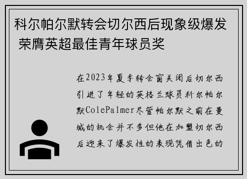 科尔帕尔默转会切尔西后现象级爆发 荣膺英超最佳青年球员奖 科尔帕尔默转会切尔西后现象级爆发 荣膺英超最佳青年球员奖